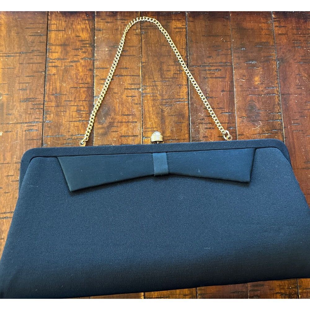 Vintage 1950s Black Cocktail Evening Handbag Clutch Chain Handle Fabric‎ 11x5